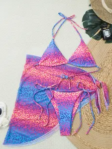 Women's Sexy Gradient Leopard Print Bikini Set, Bikini Outfits, Three-Piece Swimsuit for Beach Vacation, Fashionable Swimwear for Women, Bathing Suits, Bikinis Set