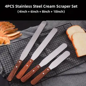 4 Pack Stainless Steel Cake Scoop Set With Wooden Handle Straight Cake Scraper Perfect For Baking Cooking And DIY Cake Decoration Easy To Clean And Hanging Design Dessert Shop Baking Accessories Pastry Decorating Tools Kitchen