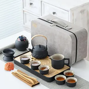 Japanese Tea Set, Chinese Tea Set, Tea Sets for Adults, Tea Pet, Gongfu Tea Set, Portable Tea Set, 14-Piece Porcelain Tea Set Withgrey Leather Case, Asian Tea Set for Home, Outdoor, Business