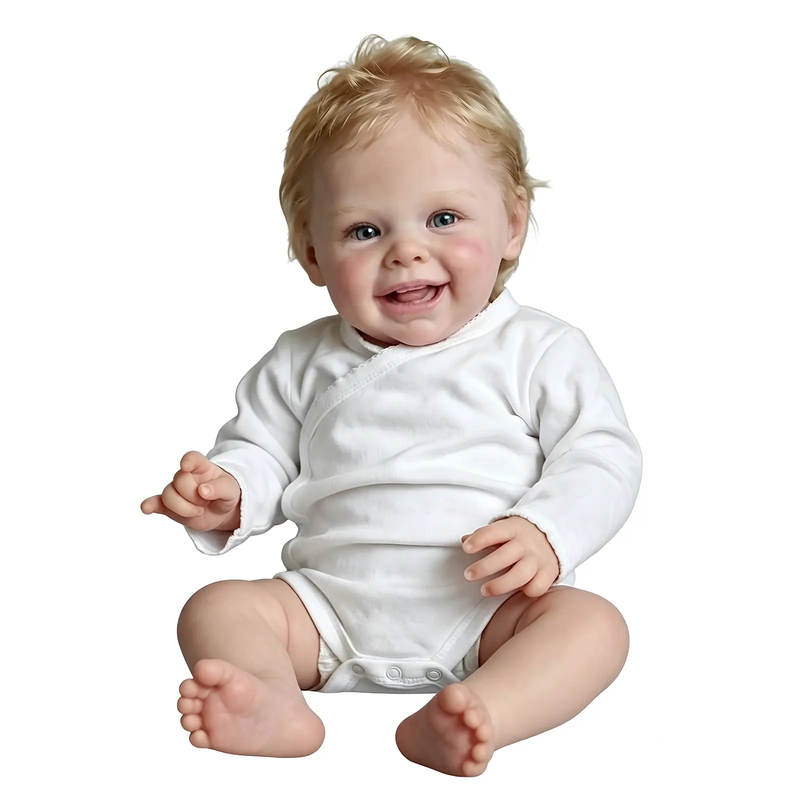 19 Inch Realistic Smiling Reborn Newborn Doll for Kids Age 3+, Hand-Rooted Golden Brown Hair, Vinyl Head & Limbs, Cloth Body, Soft Lifelike Play Toy