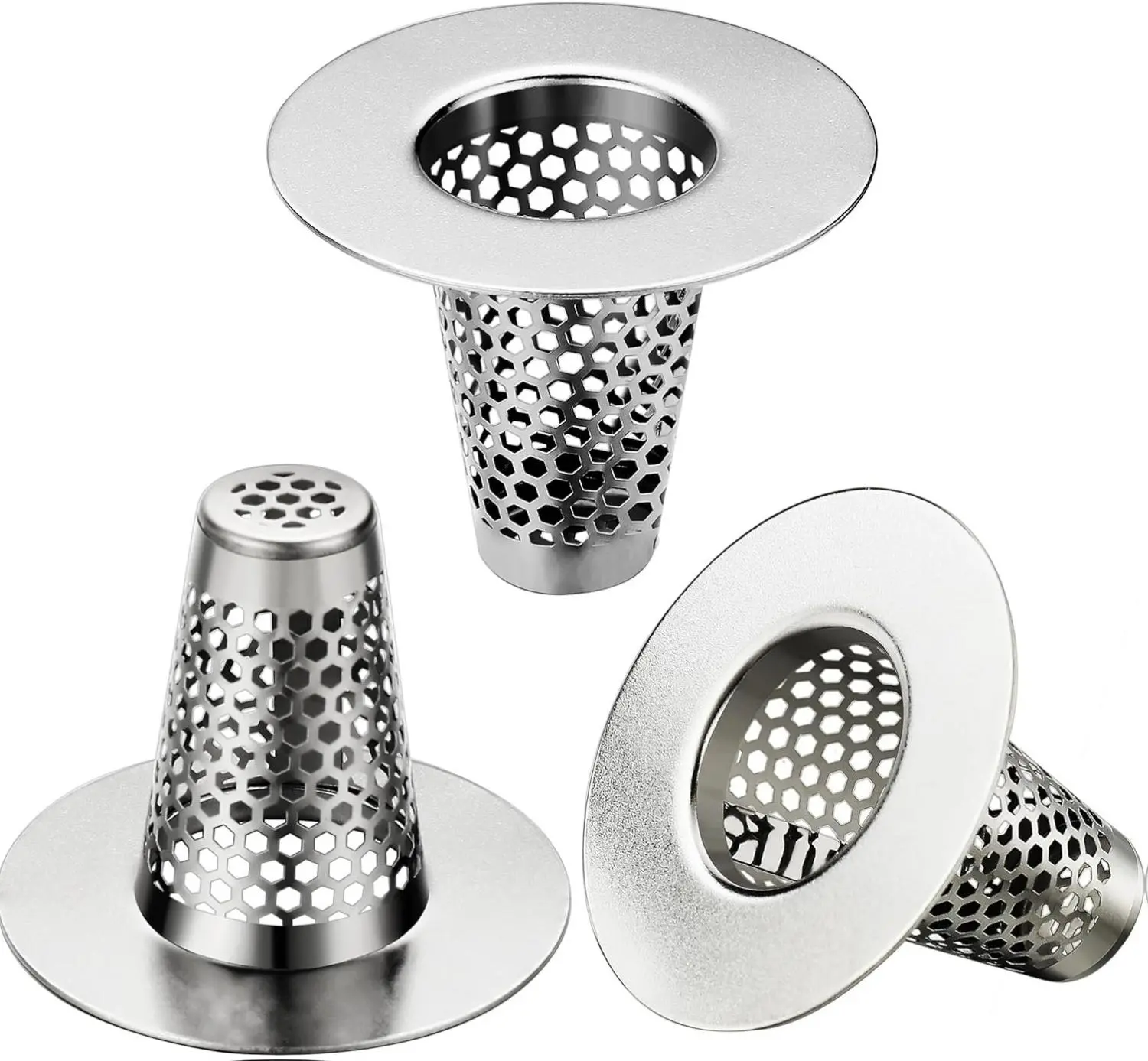 3 Pcs Durable Stainless Steel Conical Strainer Baskets - Bathroom Sink Organizer, 0.94 in Mouth Width, Eco-Friendly Mesh Drain Stoppers for 1.1-1.6 in Depth Laundry Utility Sinks, Quick Water Flow, Anti-Clogging Drainage