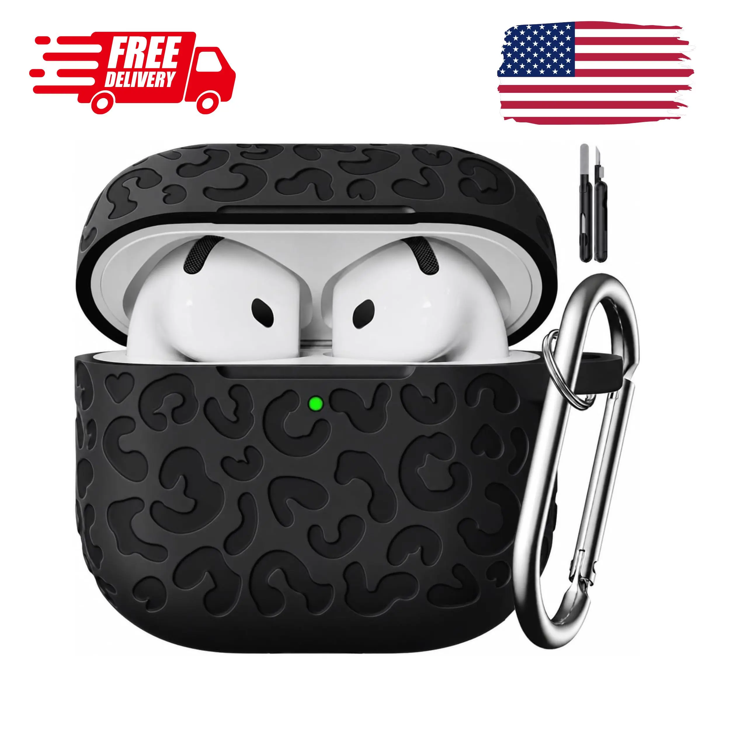 Leopard Carving for AirPods 4 Case (Black) with Keychain And Cleaning Kit