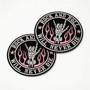 2PCS Rock and Roll Velcro Patch – “Will Never Die” Skull Hand Flame Morale Badge for Backpack Hat Jacket Embroidery Patches