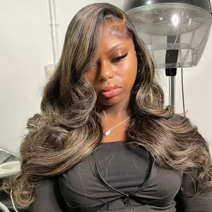 Rina 210% Density Upgrade Black with Brown Blonde Highlight Body Wave Human Hair Wig 13x4 HD Pre Plucked Lace Front Wig Luxury Balayage Highlights Human Hair Wig For Women