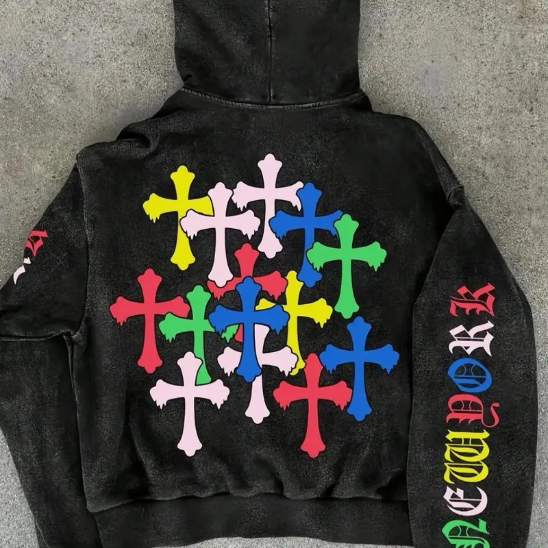 Men's Cotton Zipper Cardigan Sweatshirt, Dopamine Cross Pattern Print, Loose-Fitting