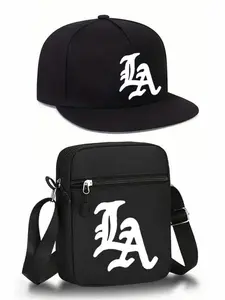 Fashion La Letter Print Set, Unisex Flat Brim Hip-Hop Baseball Cap and Crossbody Bag, Street Style Outdoor Sports Hat and Bag, Adjustable Gift