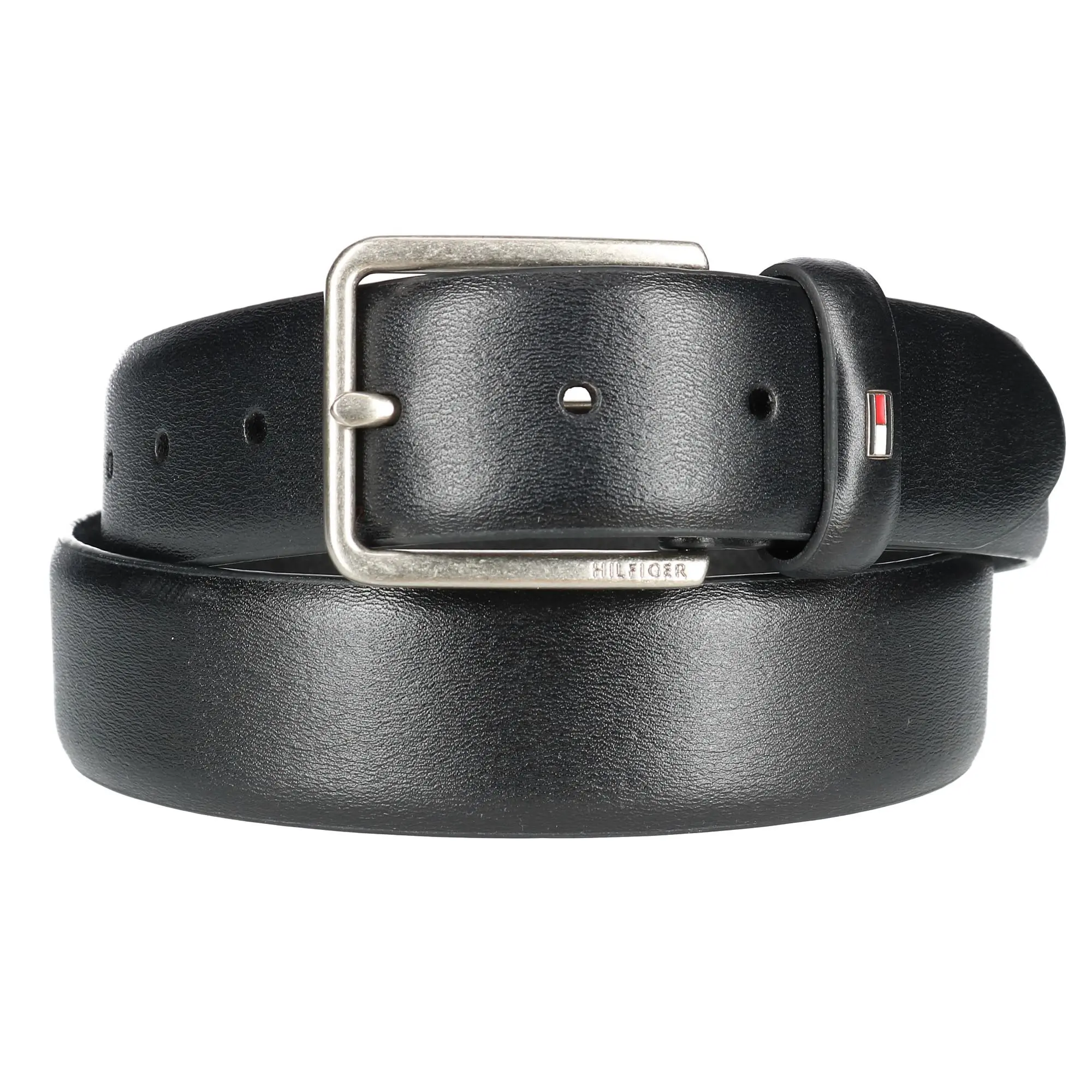 TOMMY HILFIGER Men's Smooth Feather Edge Leather Belt, Classic Casual Dress Style with Stamped Buckle and Flag Logo, Casual Dress Belt, Classic Heavy Duty, Signature Flag Logo, Belts