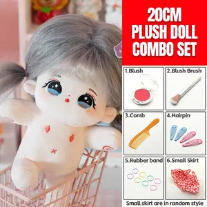 20cm Plush Cotton Doll DIY Set - Complete 7-Piece Set with Bare Doll, Blush Powder, Blush Brush, Comb, 2 Pairs Hair Clips, 8 Elastic Hair Ties & Cute Floral Dress - Kawaii Dress-Up Toy Gift for Girls, DIY Craft Enthusiasts & Doll Collectors