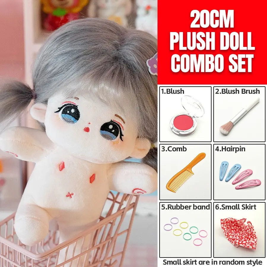 20cm Plush Cotton Doll DIY Set - 7-Piece Set with Bare Doll, Blush Powder, Blush Brush, Comb, 2 Hair Clips, Elastic Hair Ties, Doll Accessories & Floral Dress - Dress-Up Toy Gift for Girls, DIY Craft Enthusiasts & Doll Collectors
