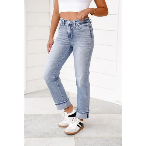 Risen High Rise Light Wash Tummy Control Straight Leg Cuffed Jeans