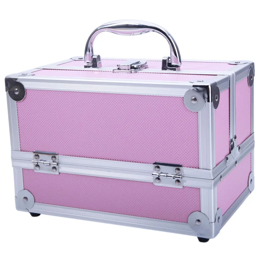 Pink Aluminum Makeup Train Case, Portable Vanity with Mirror, Lockable Top Handle & Accordion-Style Built-in Organizer, 9" x 6" x 6"