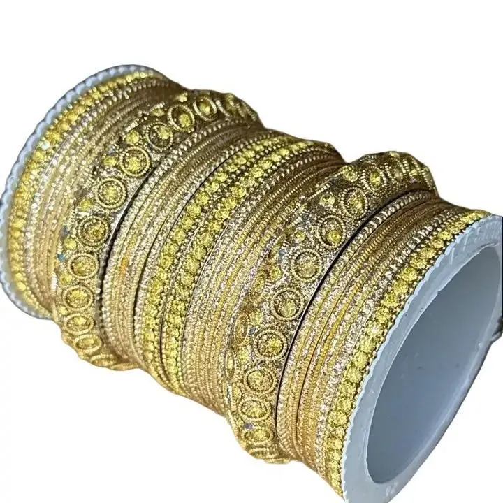 Luxe Gold Crystal Bridal Bangle Set CUS-GL Gold Stacked Churi Statement Indian Pakistani Wedding Bangles for Festive Occasions with Crystal Accents