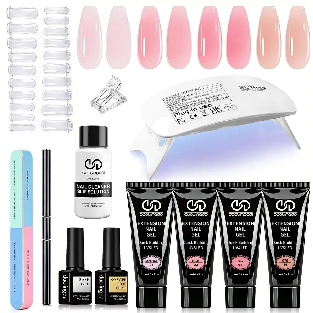 Poly Gel Nail Extension Set with UV Lamp, 4 Colors Poly Gel & Tools, Professional Polygel Nail Art Kit for Women, Long-Lasting Manicure Nail Supplies & Fake Nail Extensions