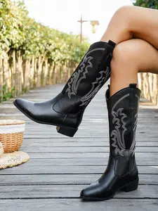 Women's Pointed Toe Western Cowboy Boots, Fashion Retro Tall Boots, Western Style Cowgirl Boot, Totem Embroidery, Low Heel, Anti-Slip Sole, Perfect for Petite
