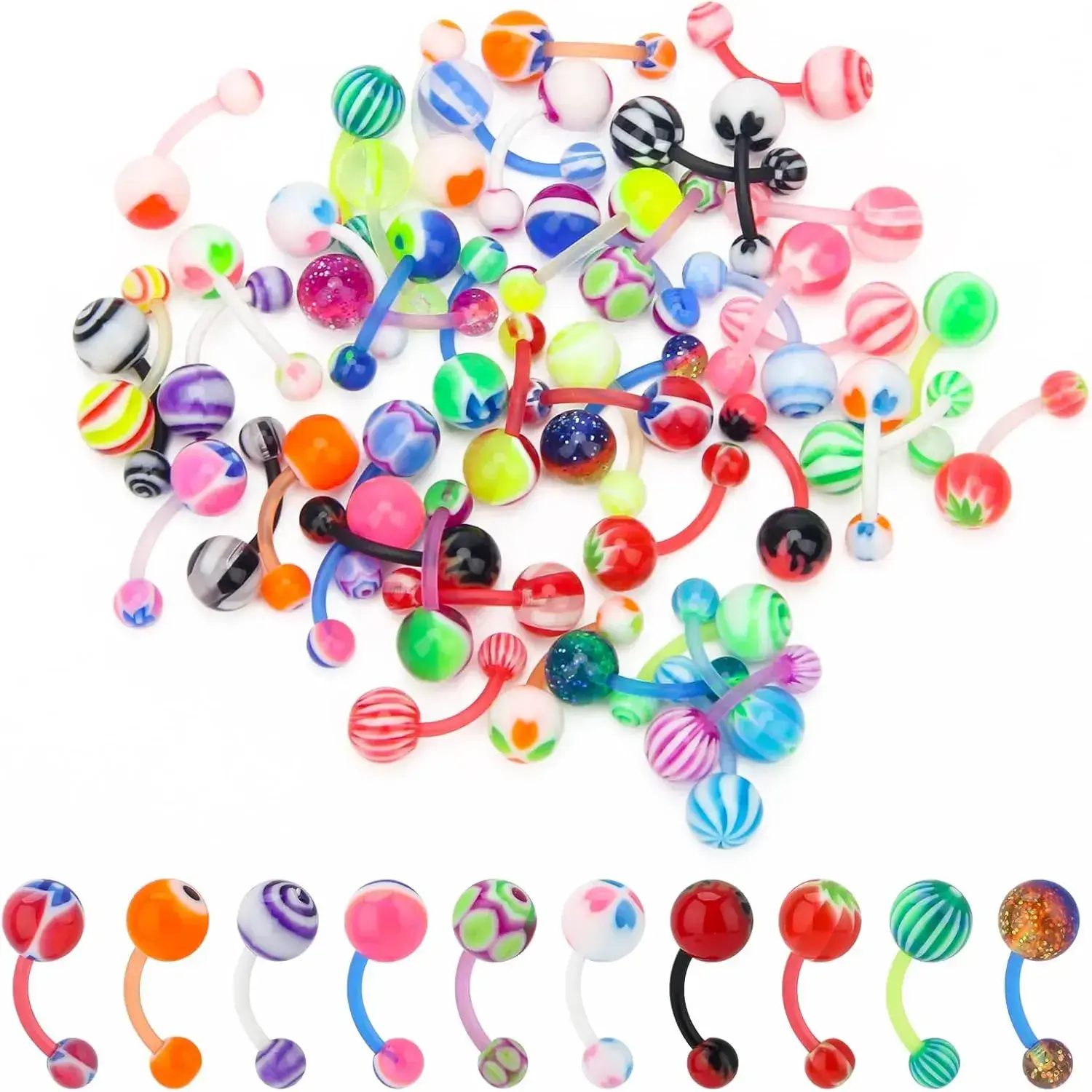 50-Piece Cute Belly Button Rings for Women's Fashion, Assorted Bio-Flex Plastic Body Jewellery, 14G for Sensitive Skin, Christmas & Thanksgiving Birthday Gift Set