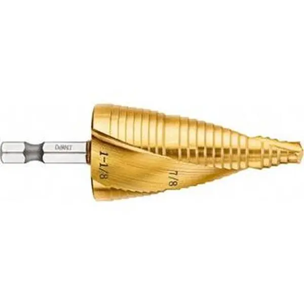 DEWALT High-Speed Steel Split Point Step Drill Bit (Model DWA1789IR) - 2 Hole Sizes (7/8"-1-1/8" Diam), 5/32" Step Length, 1/4" Hex Shank, TiN Finish, Ideal for Drilling Tasks