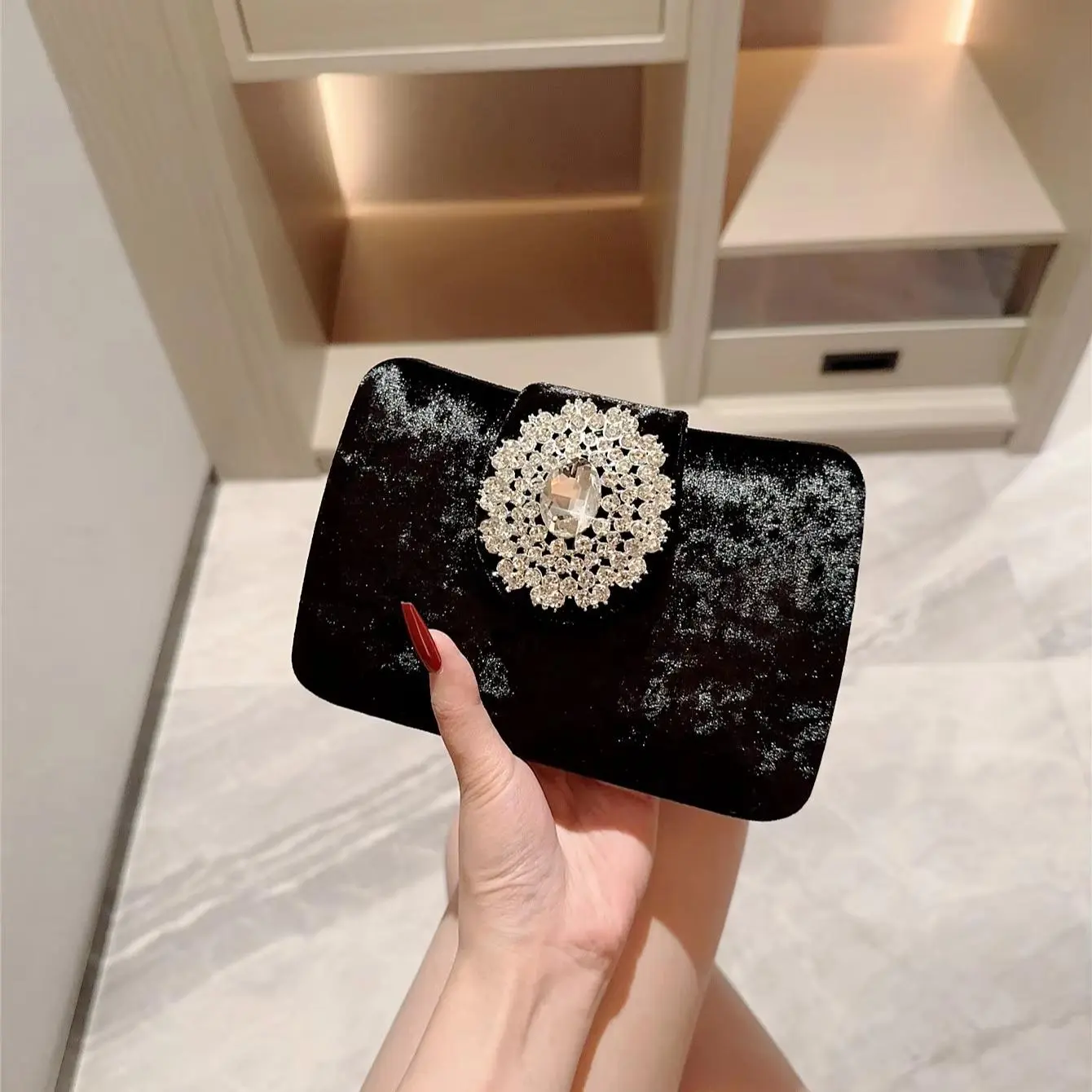 Women's Black Velvet Fabric Clutch Purse - Formal Evening Clutch Bag with Sparkling Crystal Brooch Accent