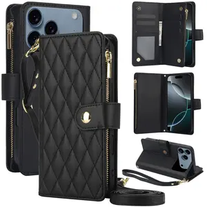 Checkered zipper leather card money phone case+wrist strap+long shoulder strap, suitable for iPhone17 16/15 Pro Max/14/13/12/11 Pro Max Air, flip cover design, durable protection, stylish appearance, card insertion, women's flip as stand Phone Pouch