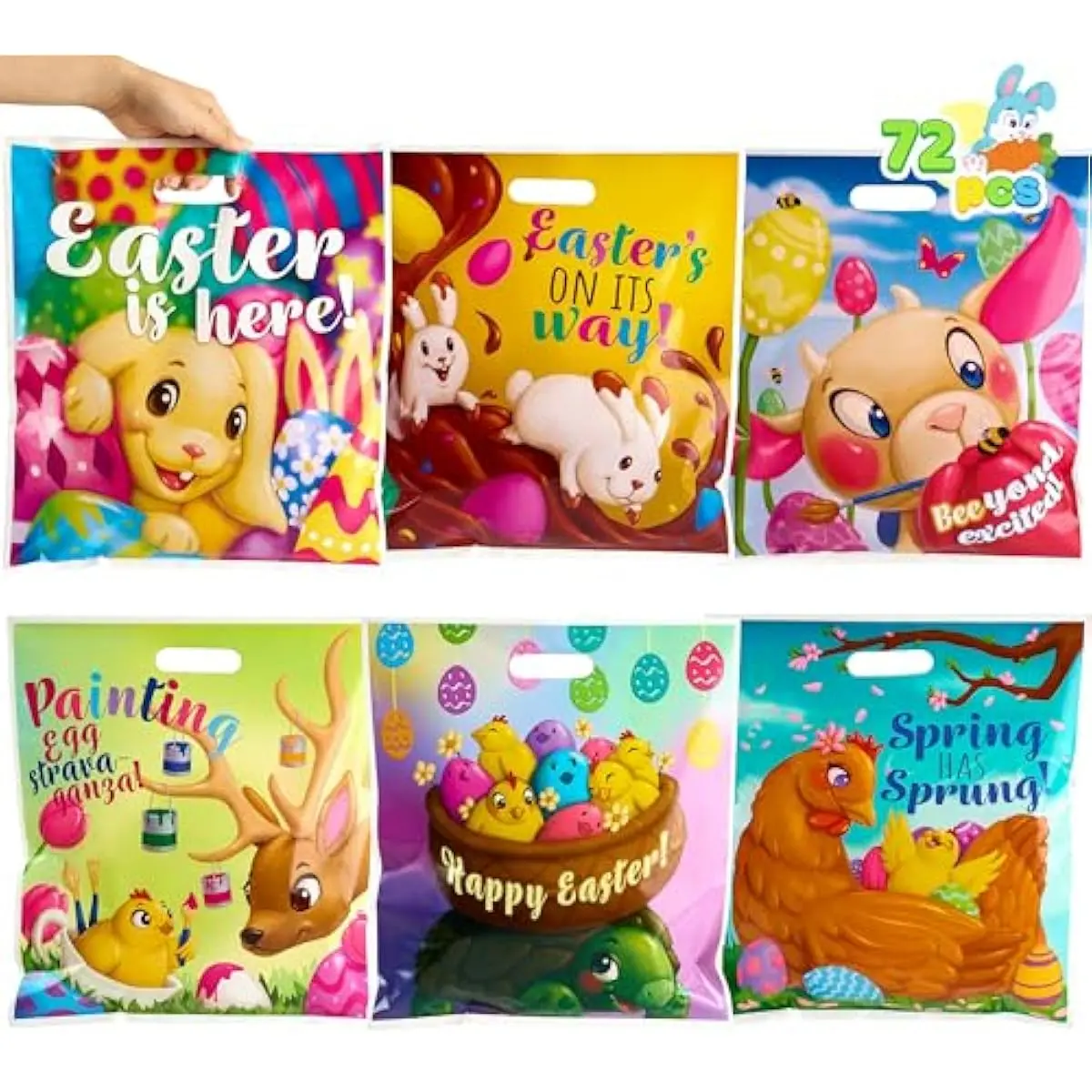 JOYIN 72 Pcs Easter Gift Bags 13" x 14.8", PE Goodie Bags Party Treat for Easter Egg Hunt, Kids Theme Party Favor Supplies