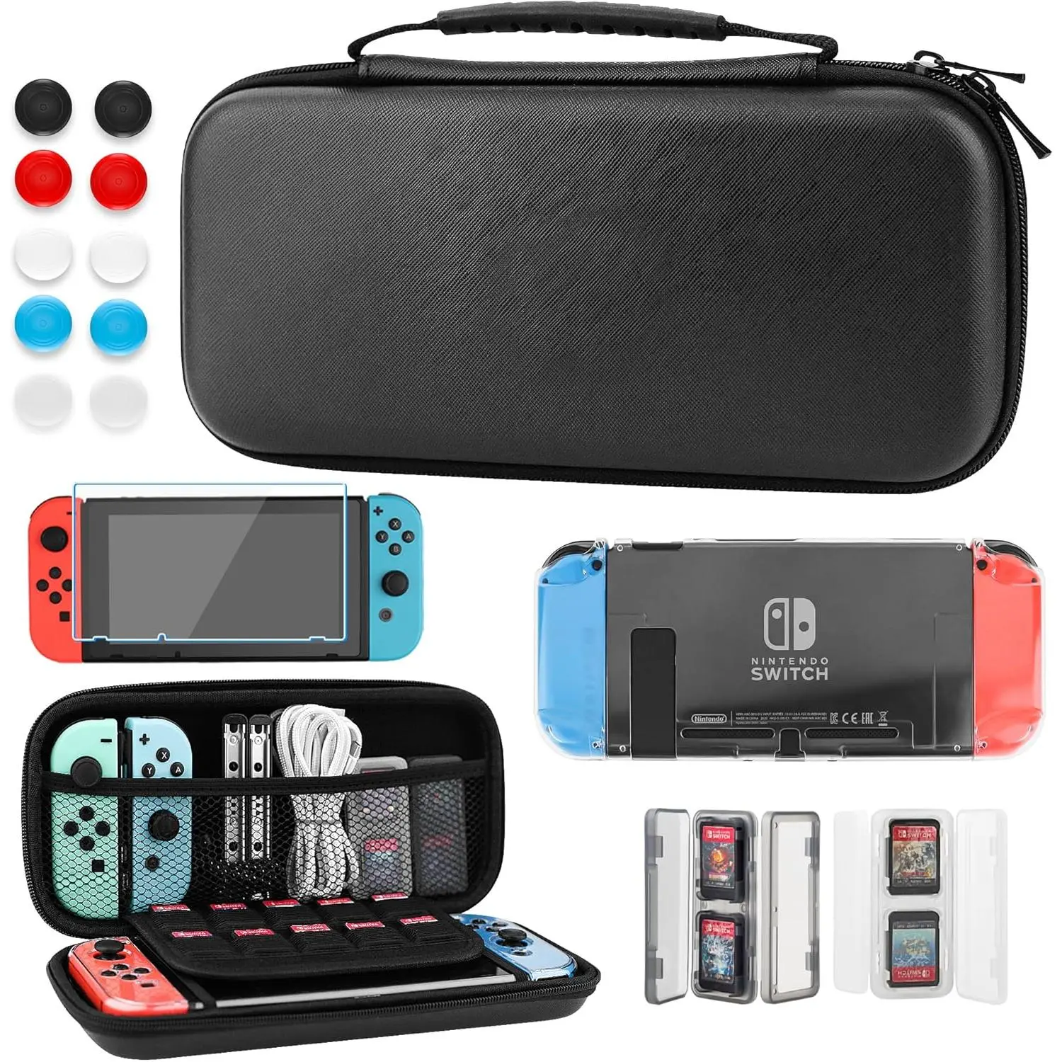 Black Carrying Case for Nintendo Switch, 11 in 1 Accessories Bundle with Portable Switch Travel Bag, Clear Protective Skin Cover, 2 Mini Swich Game Card Holder & 6 Thumb Grip Caps
