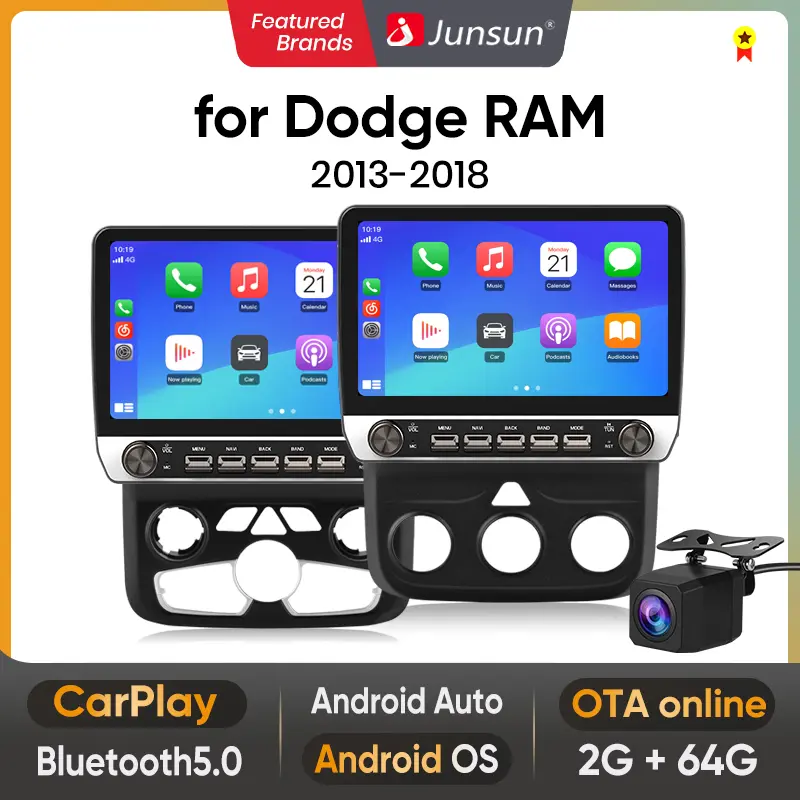 Android Auto Player for Dodge RAM 1500/2500/3500 (2013-2018) - Android 13 Touchscreen, Wireless CarPlay, Bluetooth, Manual AC, GPS Navigation, Rear View Camera Input