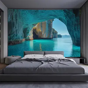1pc Extra Large Blue Cave Landscape Tapestry - Turquoise Ocean Arch Wall Decor for Living Room, Bedroom, Office, Party Backdrop - No Installation Needed, Easy Hang Polyester Hanging Cloth - Coastal Home Decoration & Photo Background, Serene Scenery, Highq