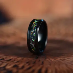 Aurora Flame Ring - Black Tungsten Crushed Opal Men's Wedding Band 8MM