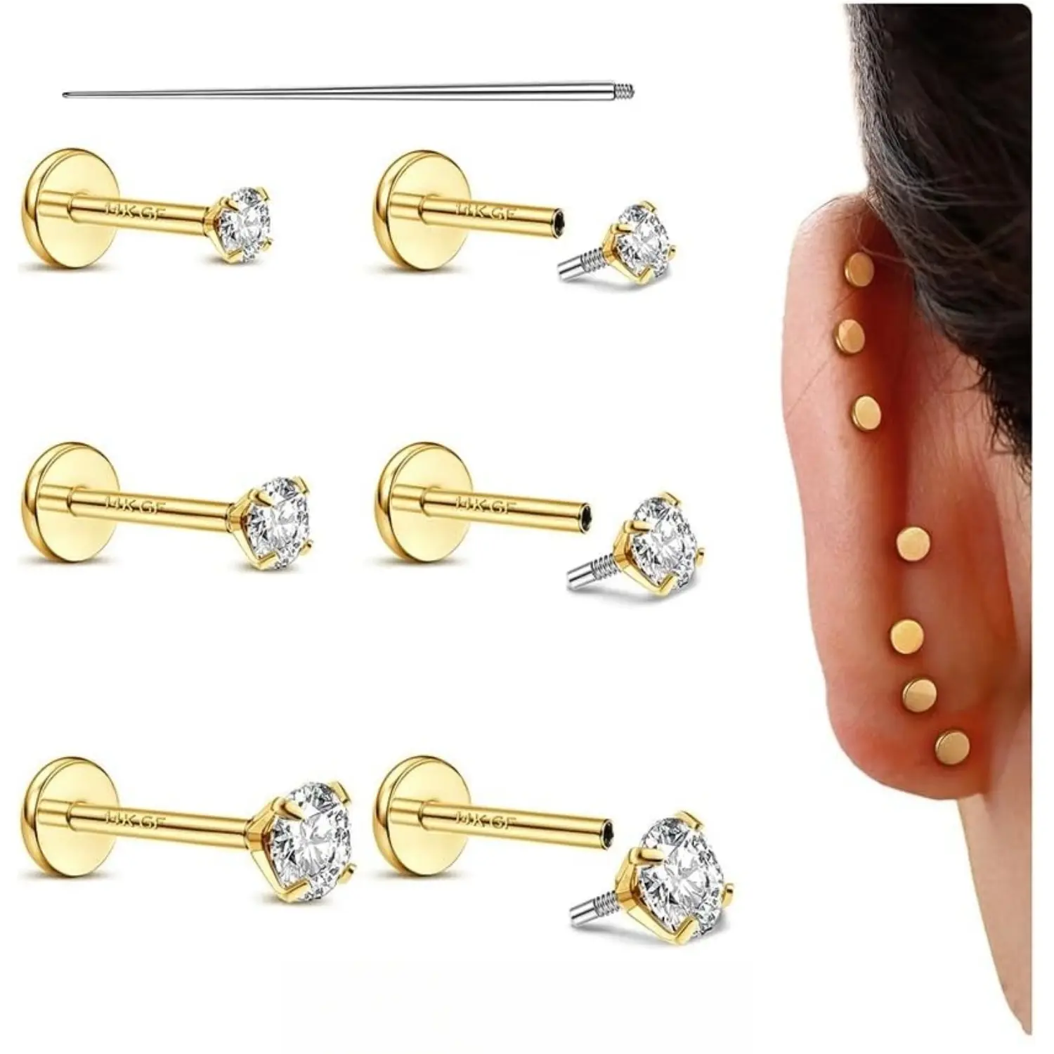 GEMQUEEN 16G/18G Flat Back Stud Earrings Set • 14K Gold Filled Hypoallergenic Surgical Steel • Internal Thread Piercing Jewelry for Helix, Tragus, Conch & Cartilage • Sleep-Friendly & Water-Resistant DealsForYouDays