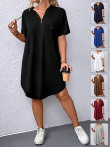 Women's Loose-Fitting Half-Zip Hooded Short Sleeve T-Shirt Dress, Multicolor Casual Daily Everyday Wear, Plus Size Comfortable Clothing