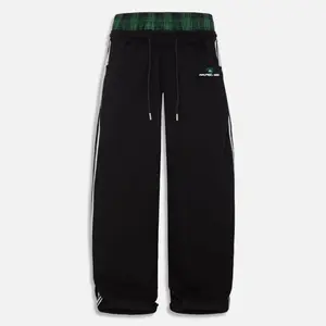 AELFRIC EDEN Double Waist Grunge Plaid Sweatpants with Patchwork Unisex Wide Leg Baggy Pants for Streetwear & Lounge Wear 2025 Trendy Bottoms