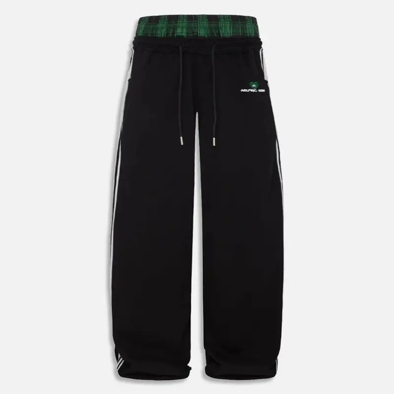 AELFRIC EDEN Double Waist Grunge Plaid Sweatpants with Patchwork Unisex Wide Leg Baggy Pants for Streetwear & Lounge Wear 2025 Trendy Bottoms