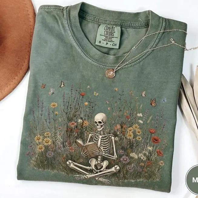 Comfort Colors Skeleton Reading Book TShirt Botanical Wildflower Cottagecore Dark Academia Vintage Bookish Tee Gift For Her