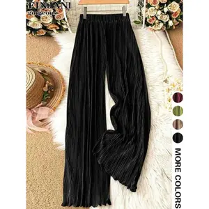 Women's Plain Fitted Wide-Leg Pants, Casual All-Season Long Loose Fit, Spring & Fall Daily Wear, Comfortable Everyday Clothing