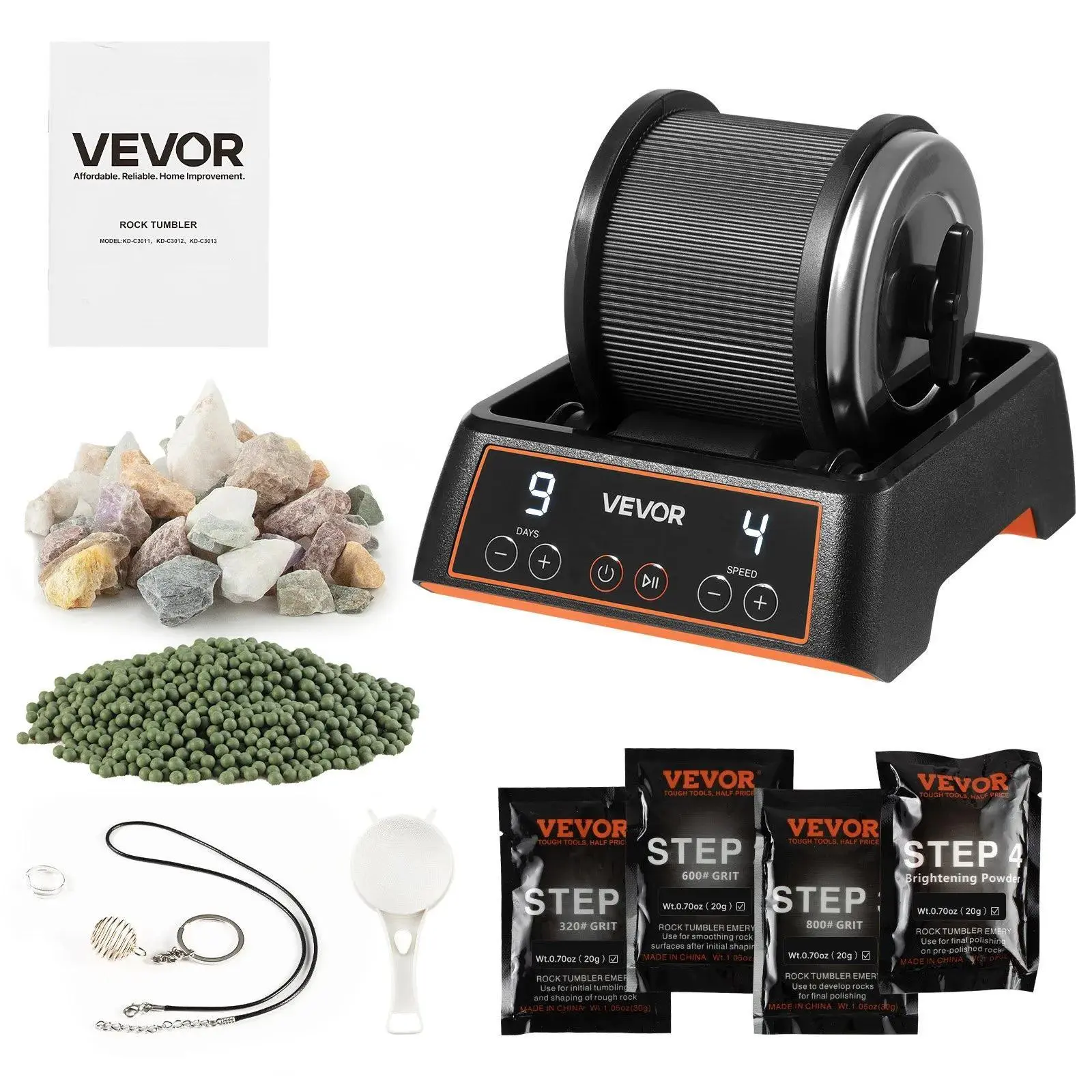 【Summerfinds】VEVOR Rock Tumbler, 1 lb Rock Polishing Machine, Rocks Tumbling Kit with 4-Speed Adjustment, 1–9 Day Timer, Direct Drive Motor Rocks Polishing Kit for Rose Quartz, Amethyst, Quiet Operation