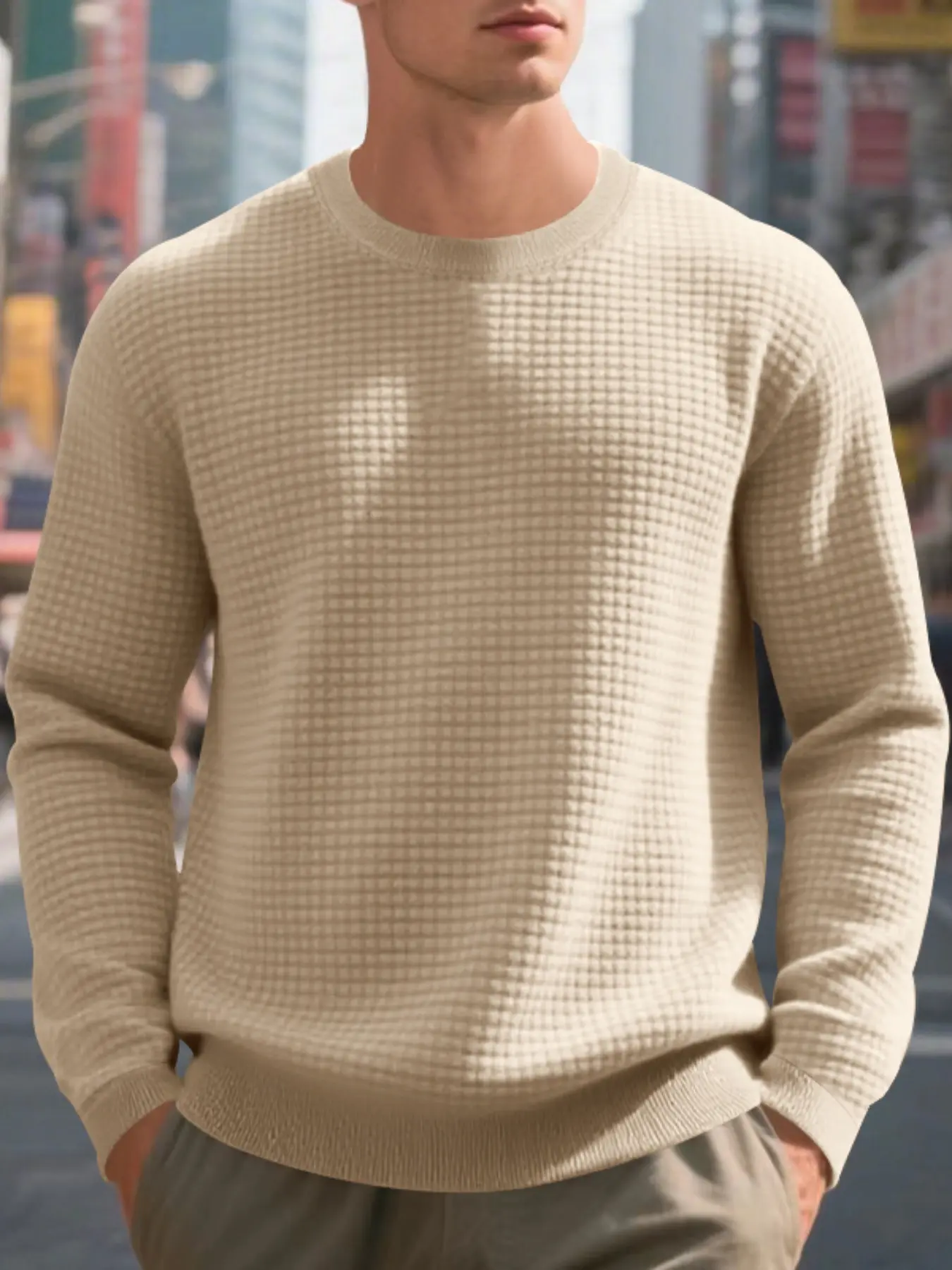 Men's Waffle Fitted Sweatshirt Pullover, Casual Fashion Sweatshirt, Fall New Arrival, Simple Round Neck Design, Soft Skin-Friendly Fabric, Casual Versatile Aesthetic Style, Long Sleeve, Tops