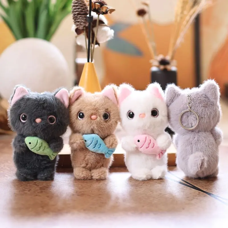 Soft Fluffy Cat & Fish Plush Fuzzy Keychain - Keychain Attachment, Stuffed Animal Doll Bag Charm, Backpack Accessories, Key Holder for Daily Use