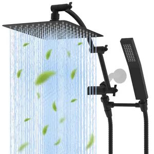 Hibbent All Metal 10'' Rainfall Shower Head, Square Shower Head Combo, High Pressure Handheld Shower Wand, 16'' Adjustable Arc-shaped Shower Extension Arm, 71'' Hose, 2 Showerhead Holders, Matte Black rain shower