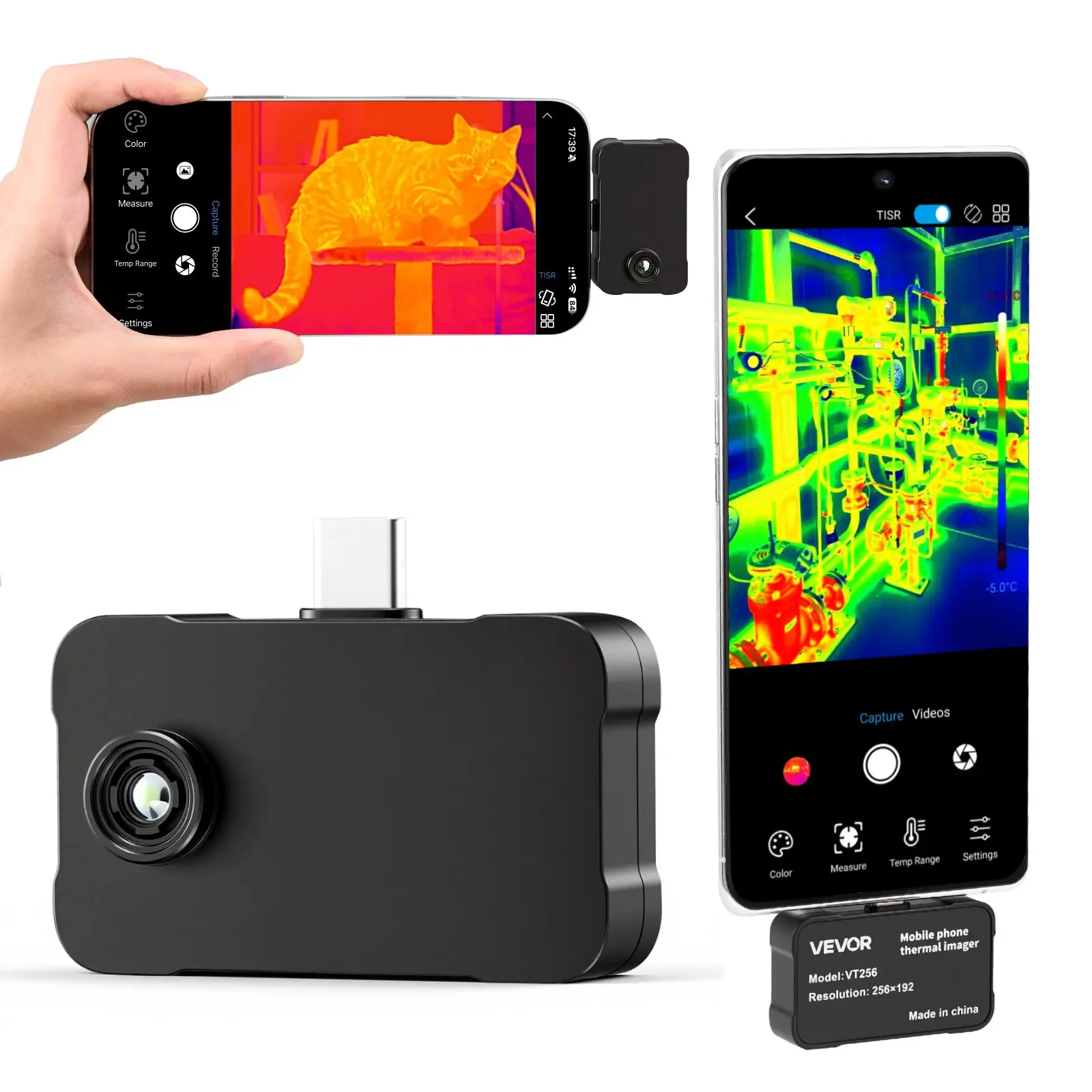 VEVOR Thermal Imaging Camera for Android & iOS Smartphones/Tablets, 512x384 Super Resolution, 25 Hz Refresh Rate, -4°F to 1022°F Range, 6 Color Palettes, Accurate Measurement for Automotive Diagnostics, 256 X 192, 25Hz Refresh Rate, -20°C To 550°C, ≤40 Mk