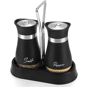 Salt and Pepper Shakers Set with Holder, 4 oz Stainless Steel Salt Pepper Shaker Containers with Glass Bottom for Kitchen Cooking, BBQ, Bar, Table, RV, Camp