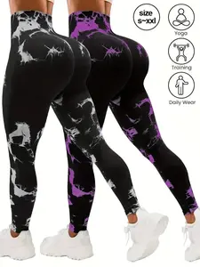 Women's 2-Pack Tie Dye High-Waisted Gym Fitness Leggings - Rear-Lifting, Tummy Control, Squat-Proof Compression Pants with Stretchy Material for Yoga, Gym, All Seasons
