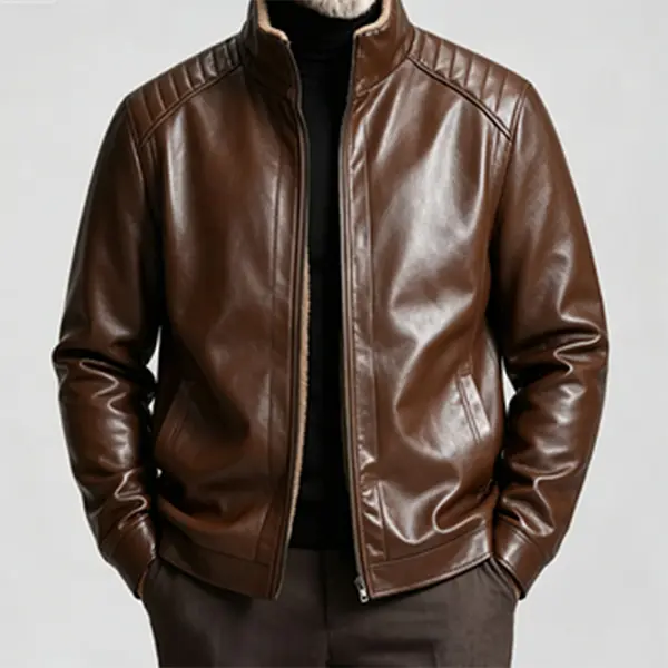 Men’s winter stand collar PU leather jacket with fleece lining, retro thick design, warm outerwear