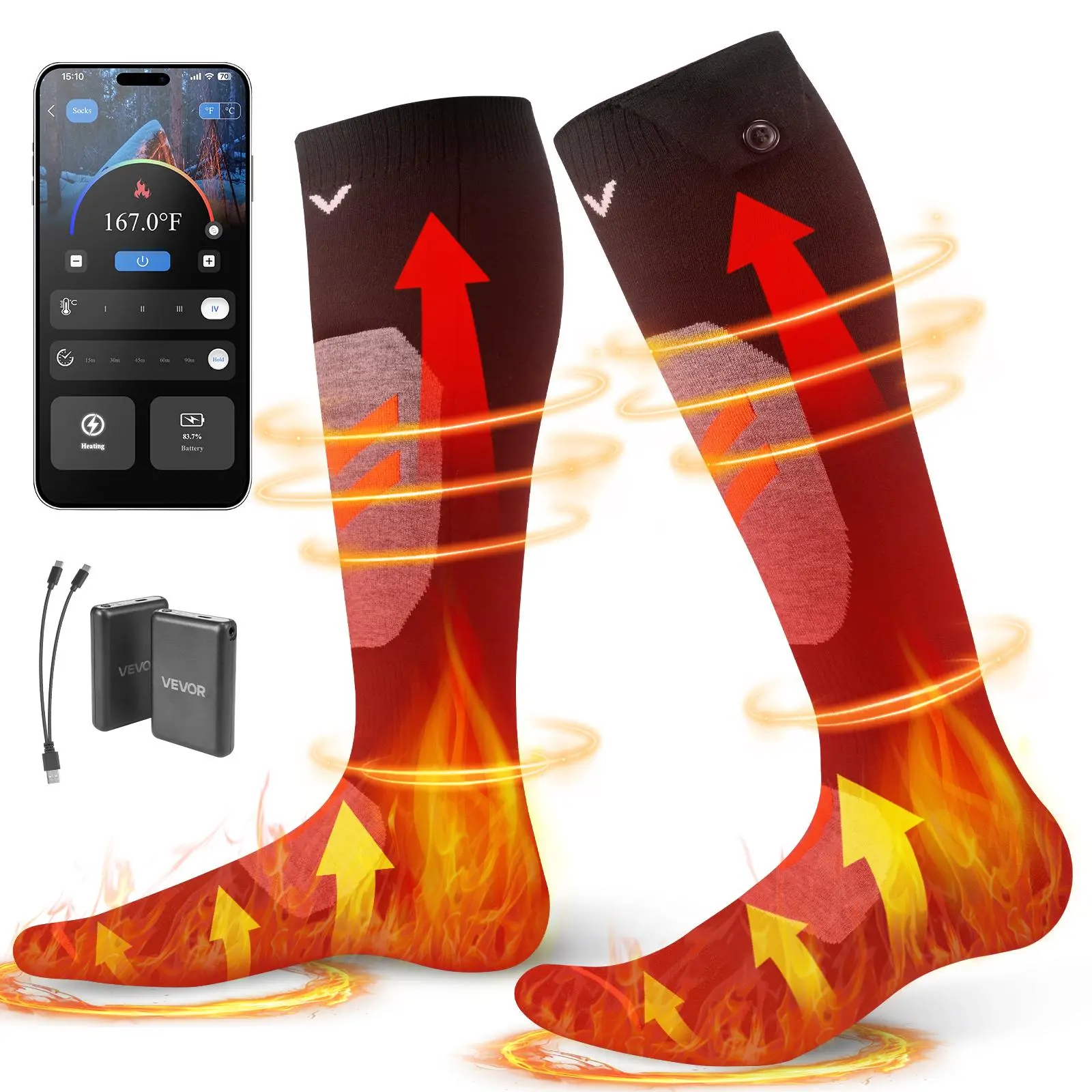 Unisex Heated Socks, Solid Modal Fiber Rechargeable Socks with 4 Heat Levels and 5000mAh Battery for Outdoor Cold Weather, 4 Levels Heat, Heating Socks