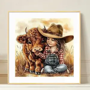 Girl Portrait Cow Animal Scenery Diamond Painting Art Craft Without Frame,Full Round Diamond Paint Arts And Crafts With Tools Home Decoration Modern