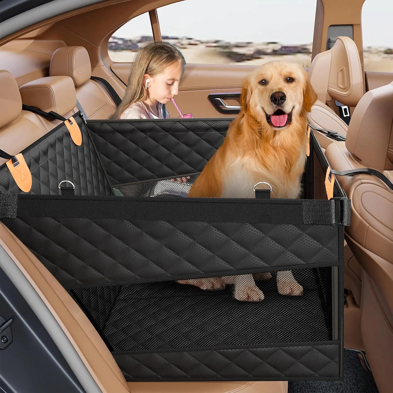 PETICON Large Dog Car Seat, Back Seat Extender for Dogs with 3 Mesh Windows, Waterproof Medium Carseat for Dogs with 4-Splice Hard Bottom, Pet Seat Cover for Cars, Trucks and SUVs (Black)