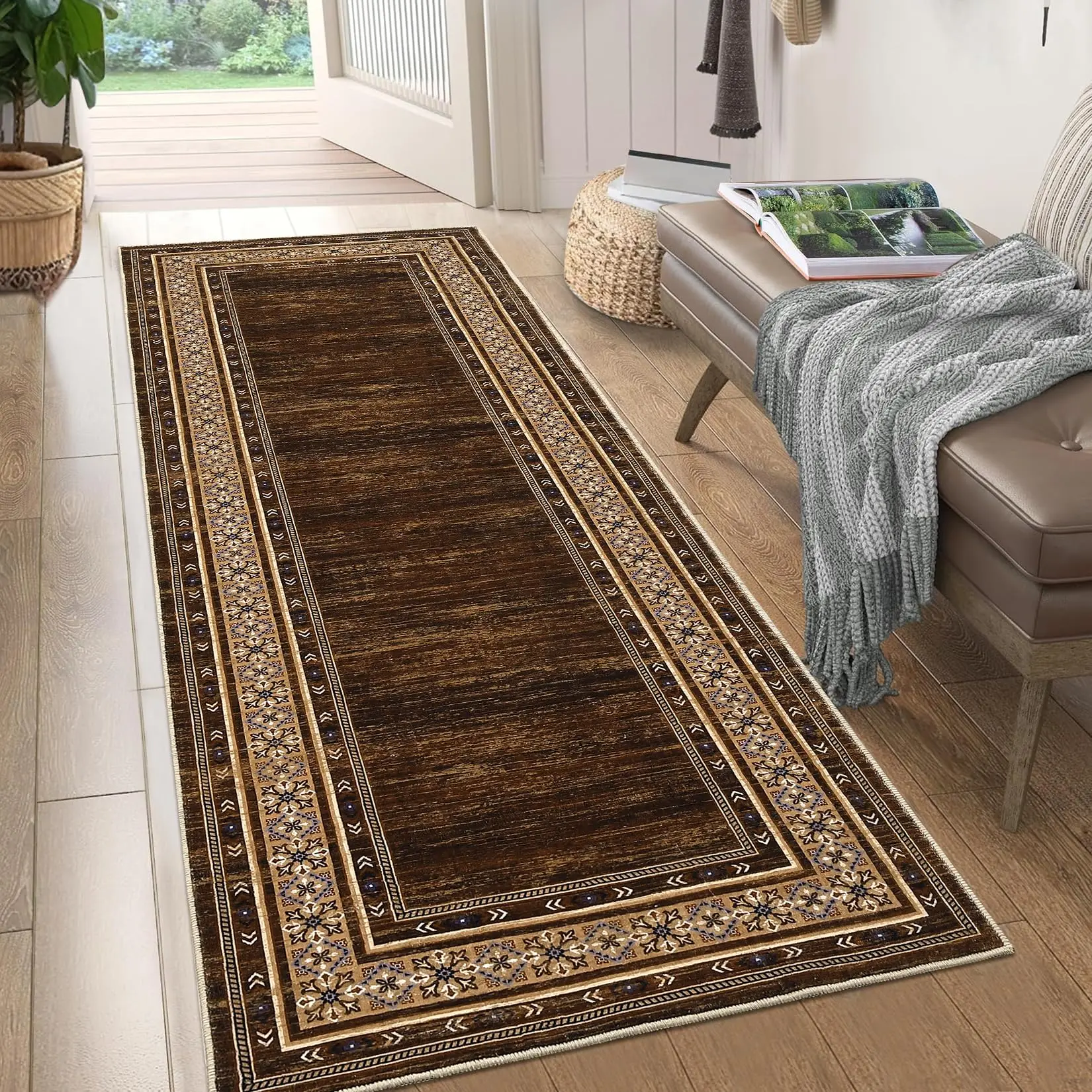 【GARVEE】Washable 2x6 Hallway Runner Rugs, Soft Non Slip Kitchen Rug Carpet, Indoor Modern Geometric Rugs, Low Pile Throw Runner for Laundry Entryway Bathroom, Red Brown