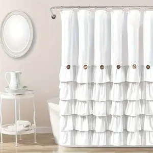 1pc of White Ruffled Natural Button Patchwork Shower Curtain, Made of Pure Polyester And Washable, Measuring 72" W X 72" H