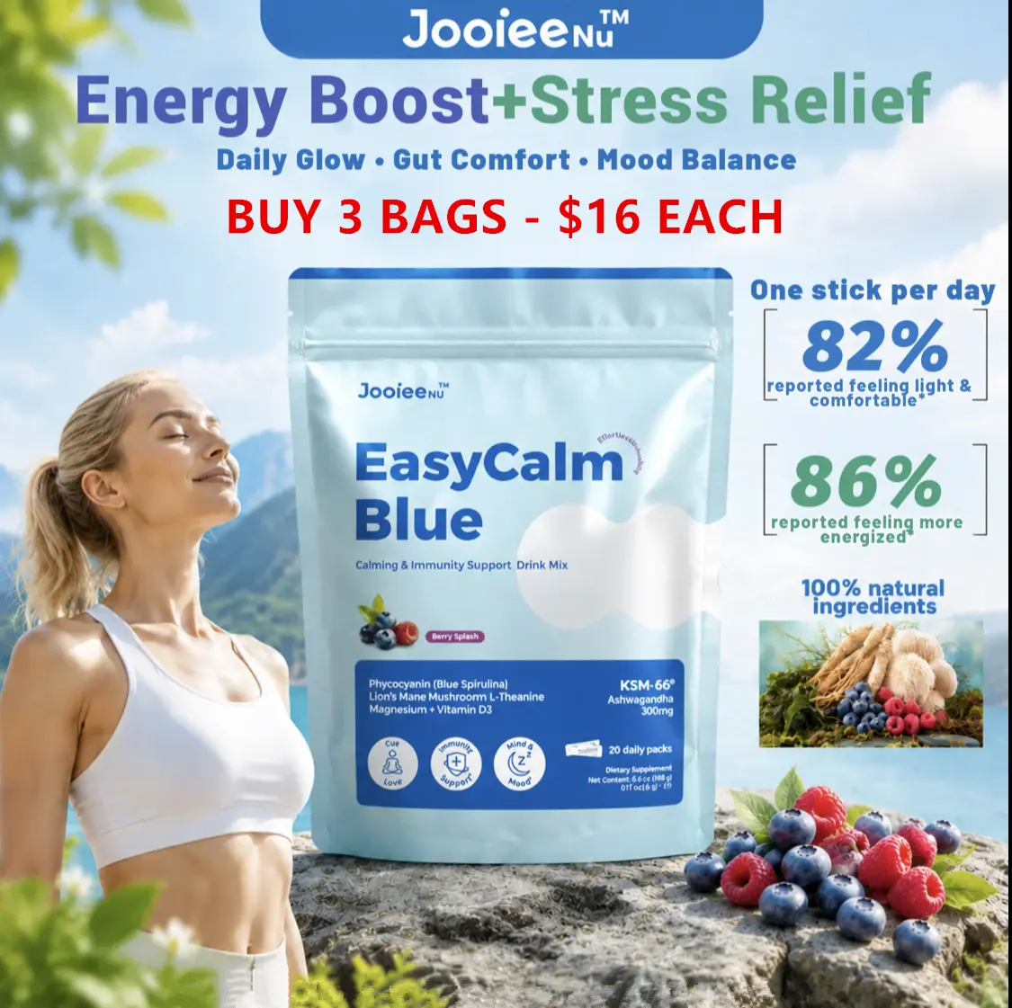 EasyCalm Blue Magnesium Drink Mix with KSM-66 Ashwagandha Blue Spirulina L-Theanine Lion's Mane GABA & Vitamin D3 | Supports Stress Calm Sleep & CortisolBalance I 20 Travel Packets