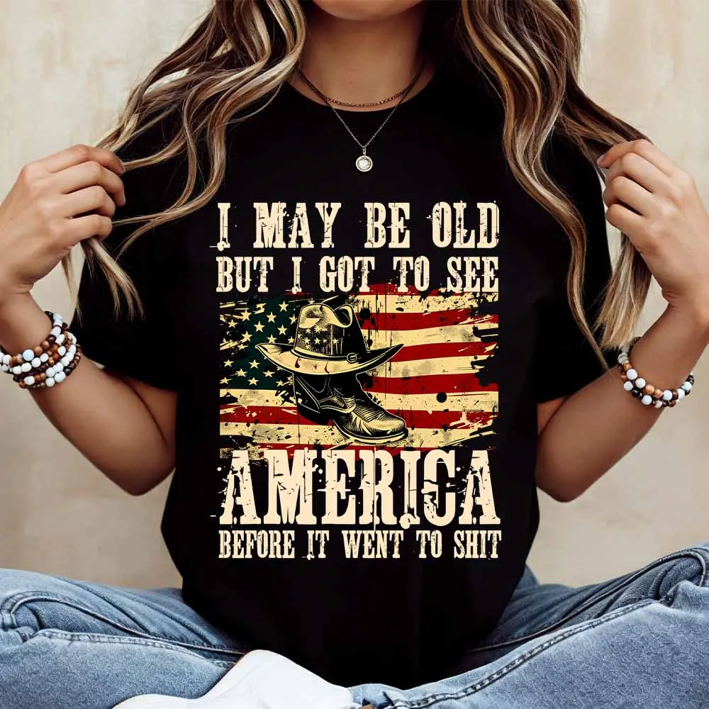 American Flag Cowboy Hat And Boot Print T Shirt White Casual Short Sleeve Top For Everyday Wear And Outdoor Activities