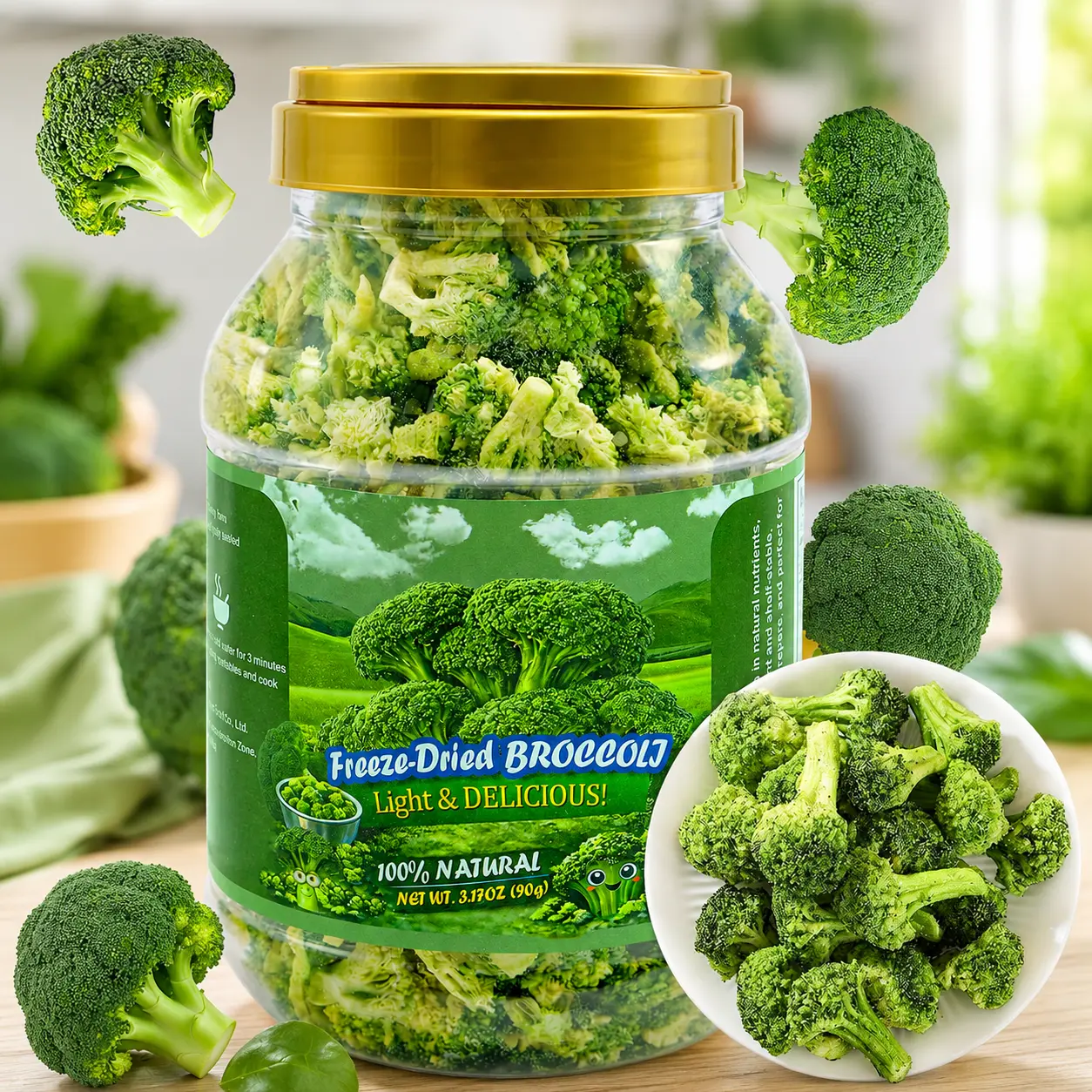 SEAYOFA Freeze Dried Broccoli Florets, 3.17oz Dehydrated Broccoli Vegetables, No Bitter Frozen Broccoli Florets for Snack, Soup, Pasta, Camping, Quickly & Emergency Food Supply, Vegan