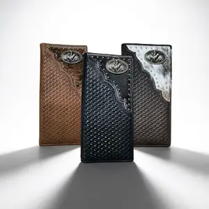 Bull Rider Long Wallet W Cowhair Basketweave High-Quality Leather Western Style Handcrafted Rodeo Concho Cowboy Accessory for Men